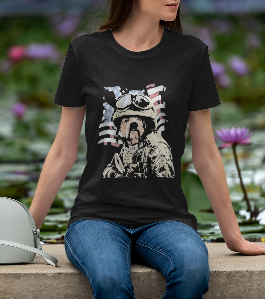 American Bulldog Soldier With United States Flag Goggles And Military Gear T-Shirt
