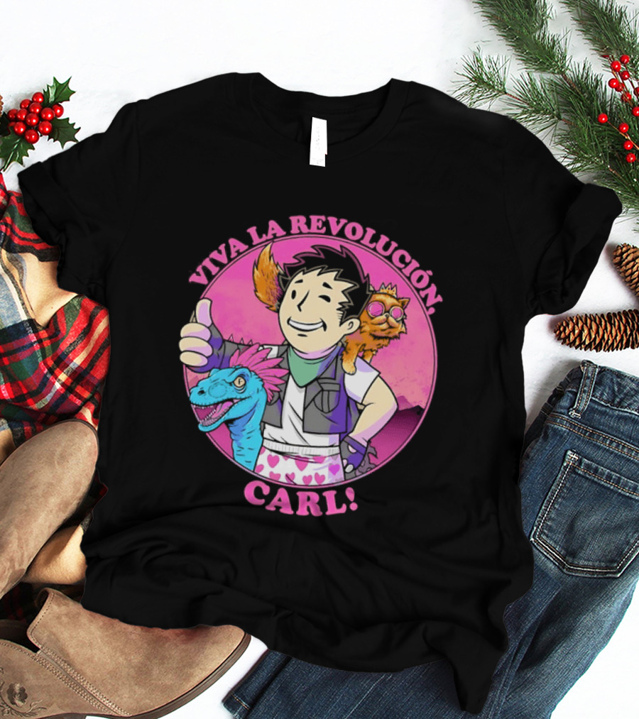 Viva La Revolución Carl Fallout Vault Boy Dinosaur Cat T-Shirt