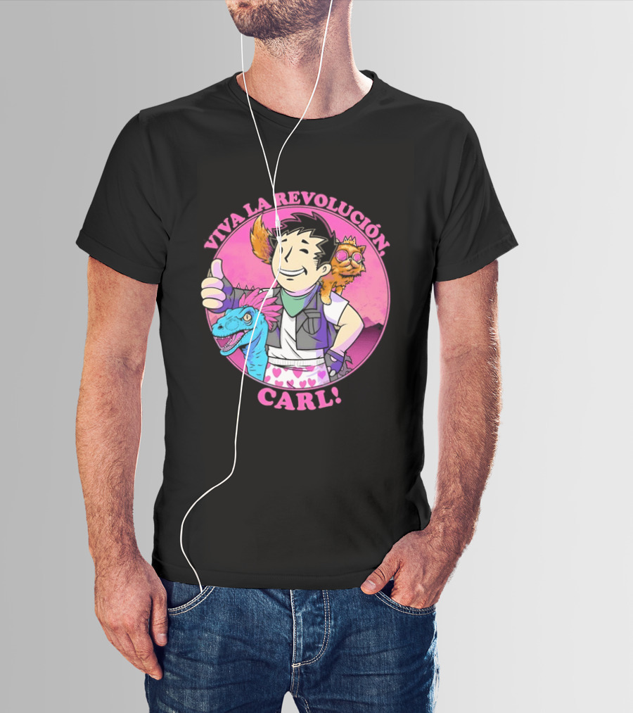 Viva La Revolución Carl Fallout Vault Boy Dinosaur Cat T-Shirt