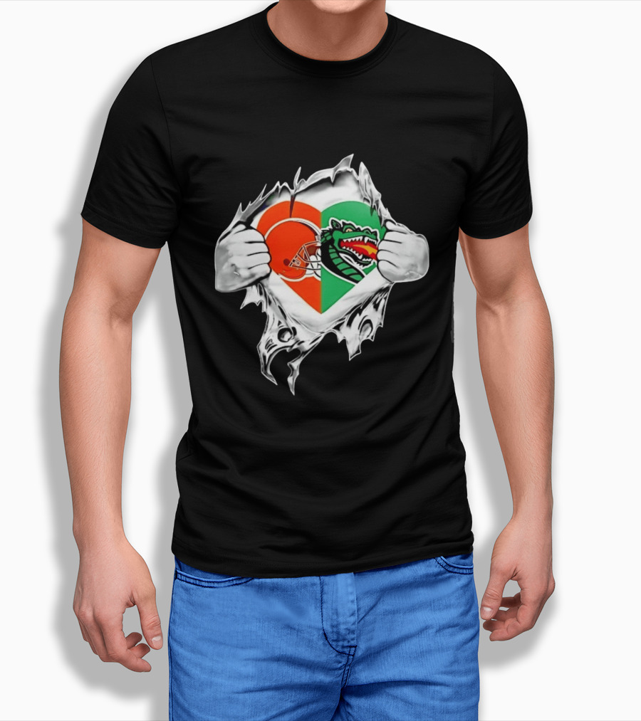 Cleveland Browns UAB Blazers Heart Superman Chest Rip T-Shirt