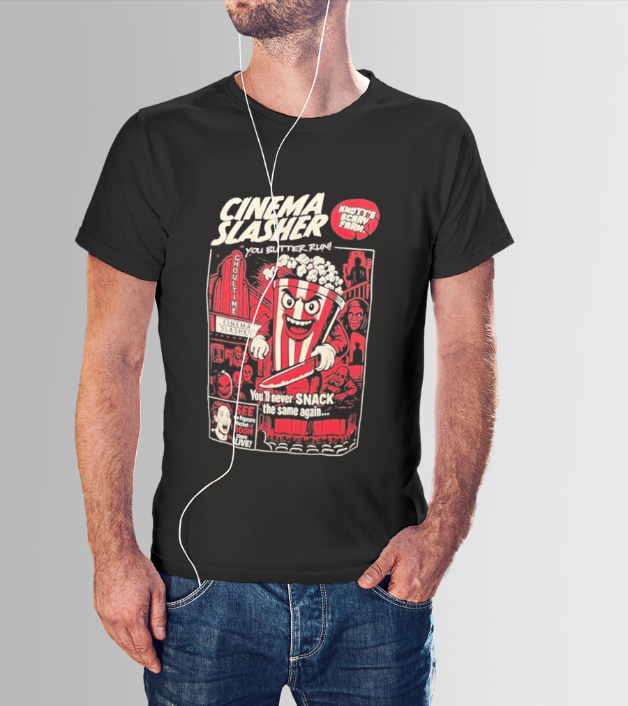 Cinema Slasher You Butter Run Knott's Scary Farm Popcorn Bucket Of Doom T-Shirt