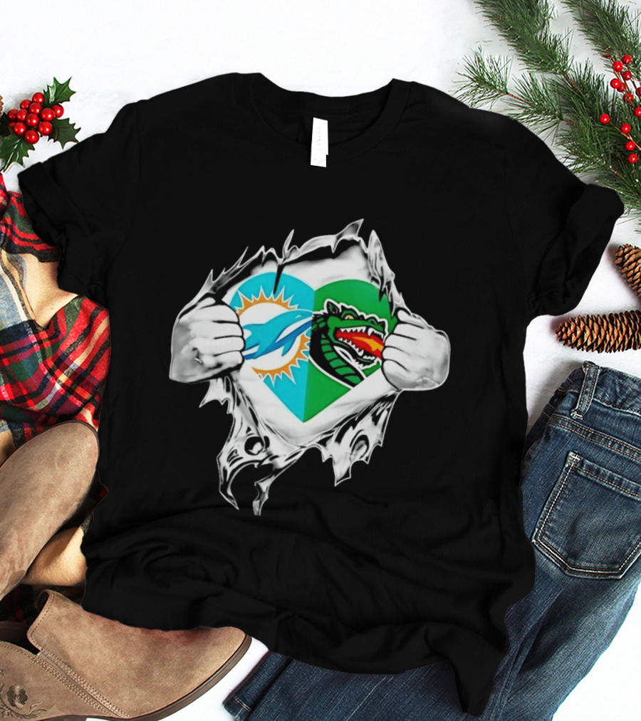 Miami Dolphins UAB Blazers Heart Superman Chest Rip T-Shirt