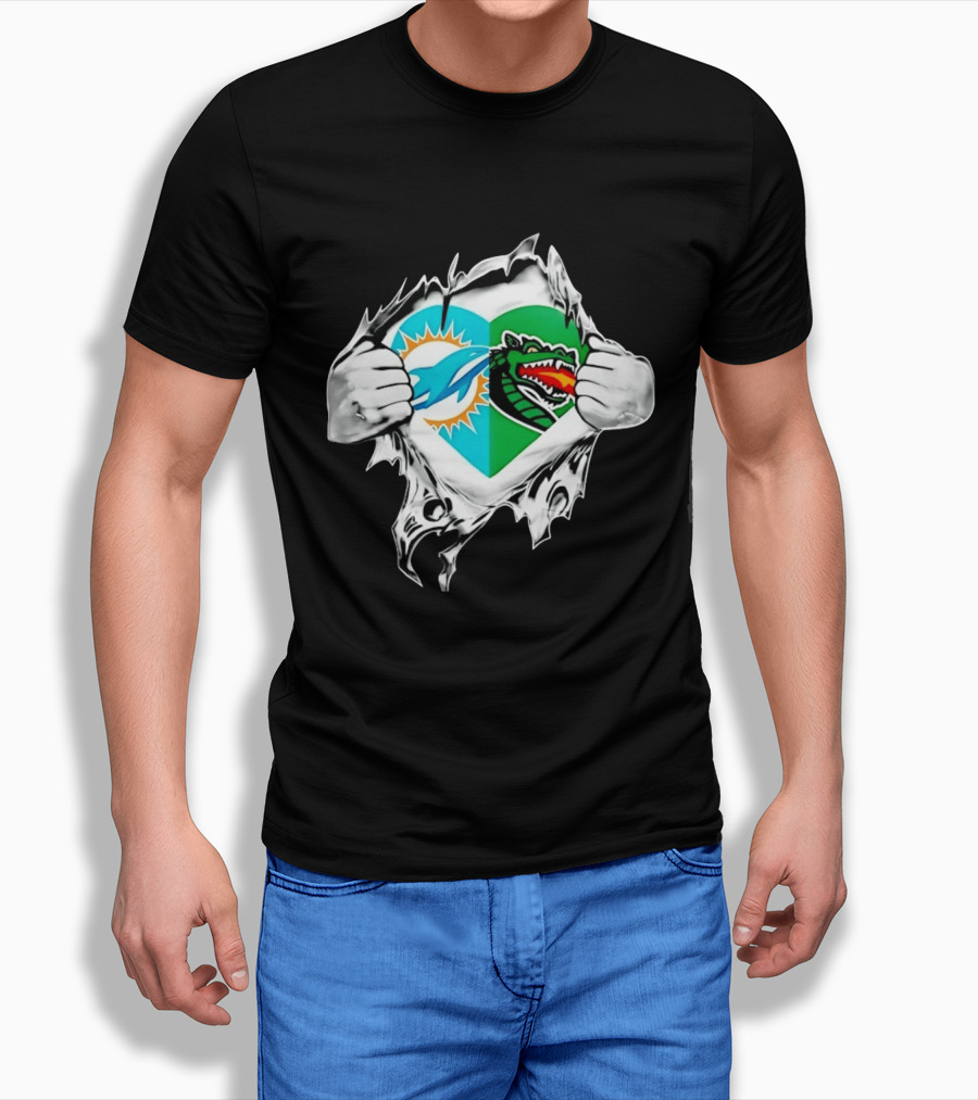 Miami Dolphins UAB Blazers Heart Superman Chest Rip T-Shirt