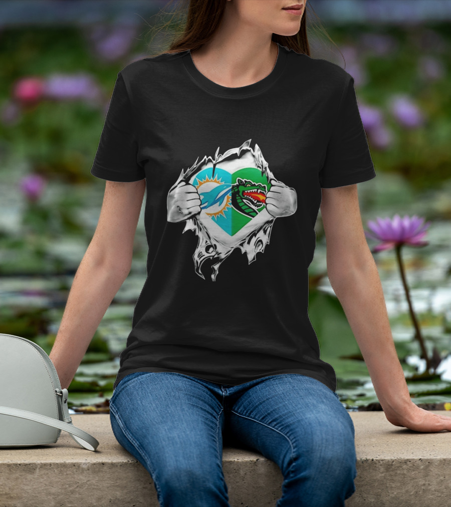 Miami Dolphins UAB Blazers Heart Superman Chest Rip T-Shirt