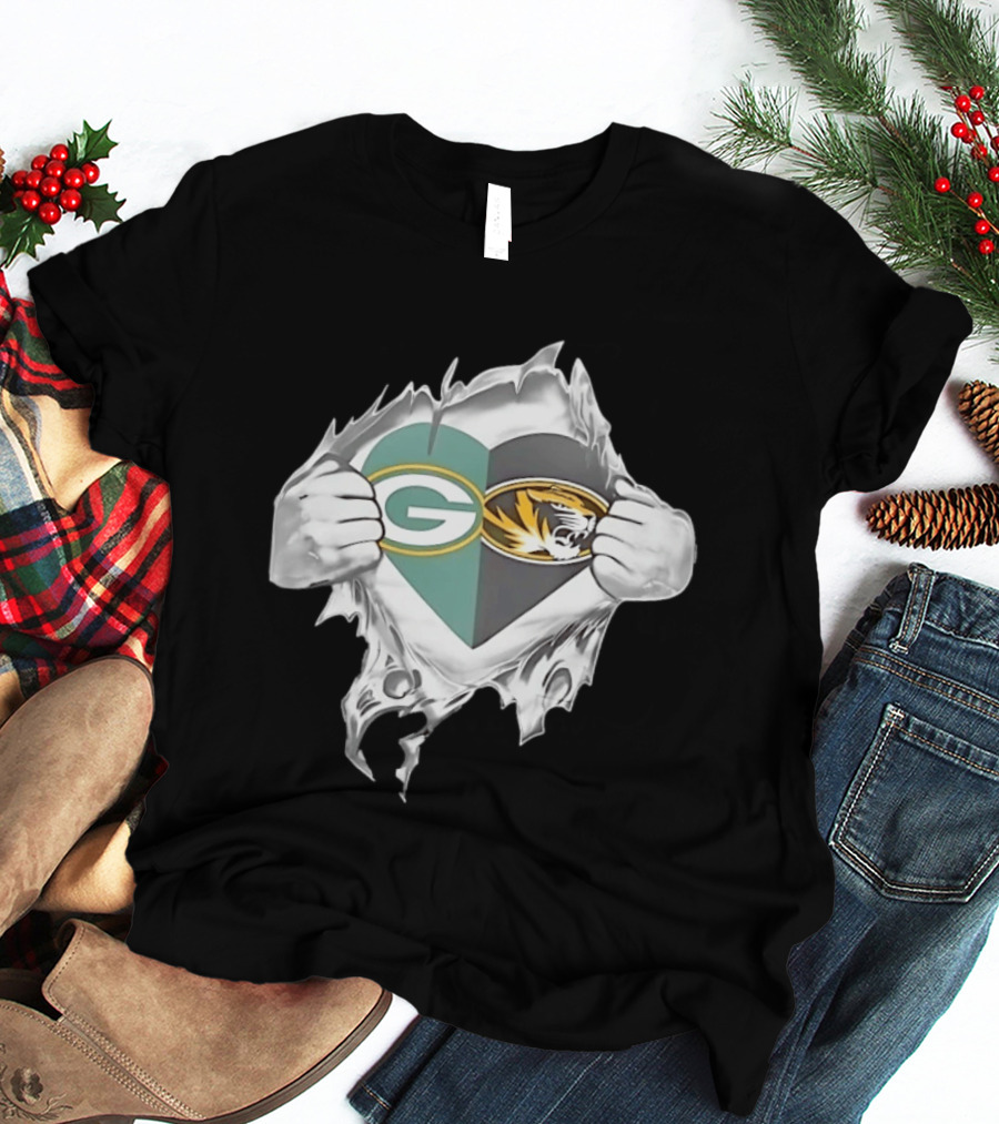Green Bay Packers Missouri Tigers Heart Superman Chest Rip T-Shirt