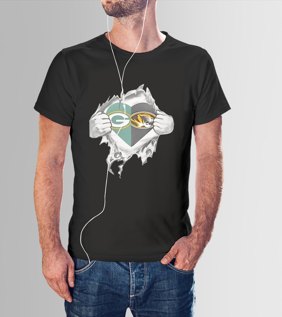 Green Bay Packers Missouri Tigers Heart Superman Chest Rip T-Shirt