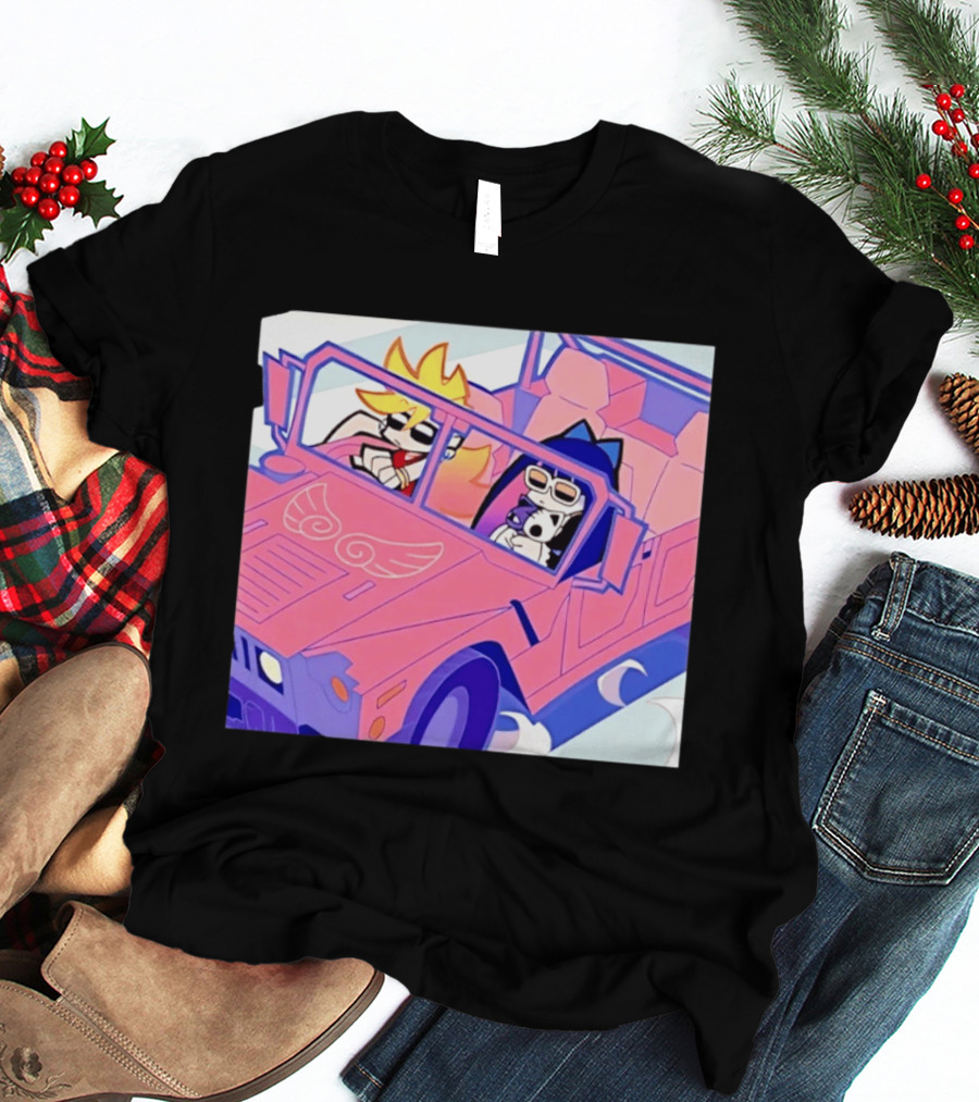 Panty And Stocking With Garterbelt Anime Characters Riding In Pink Car T-Shirt
