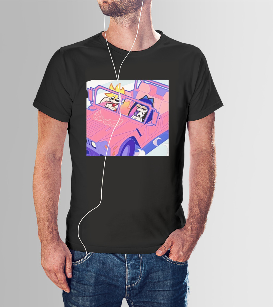 Panty And Stocking With Garterbelt Anime Characters Riding In Pink Car T-Shirt