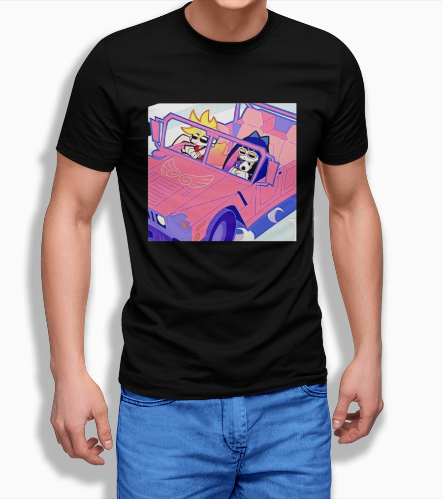 Panty And Stocking With Garterbelt Anime Characters Riding In Pink Car T-Shirt