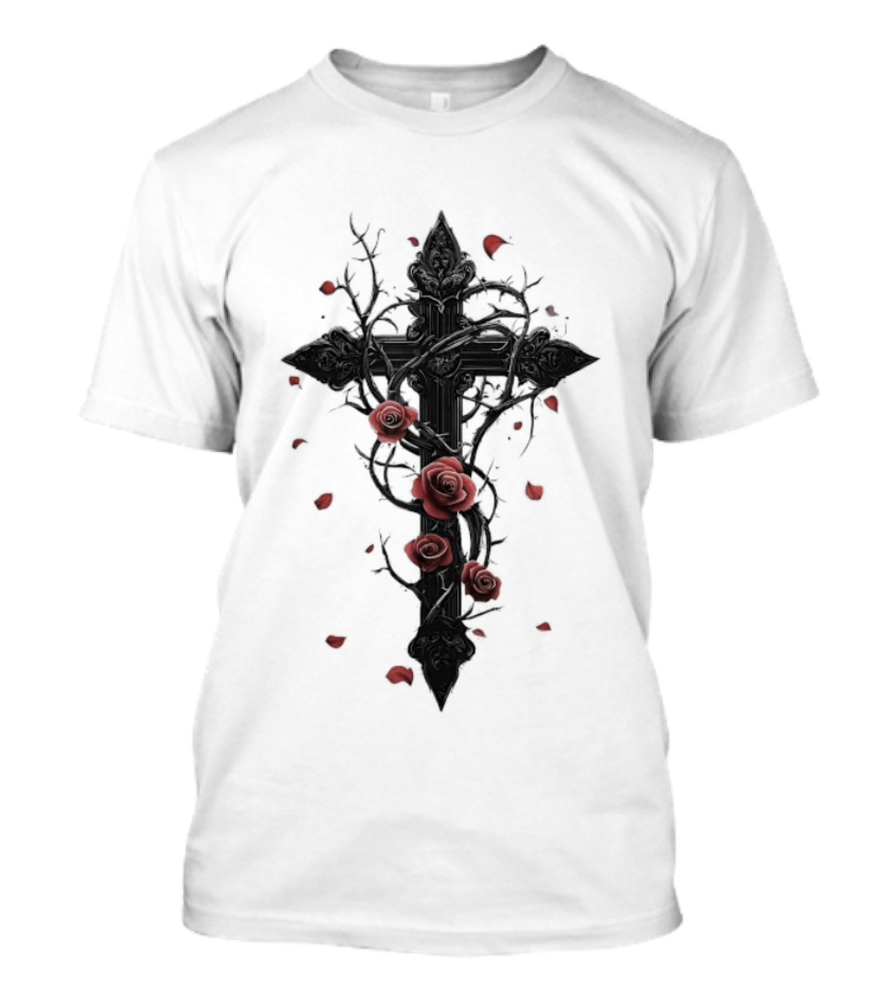 Gothic Cross Red Roses Thorns Religious Symbol Roses T-Shirt