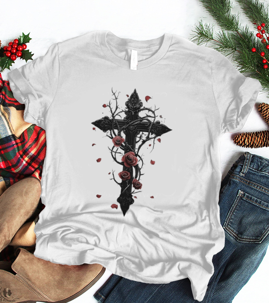 Gothic Cross Red Roses Thorns Religious Symbol Roses T-Shirt
