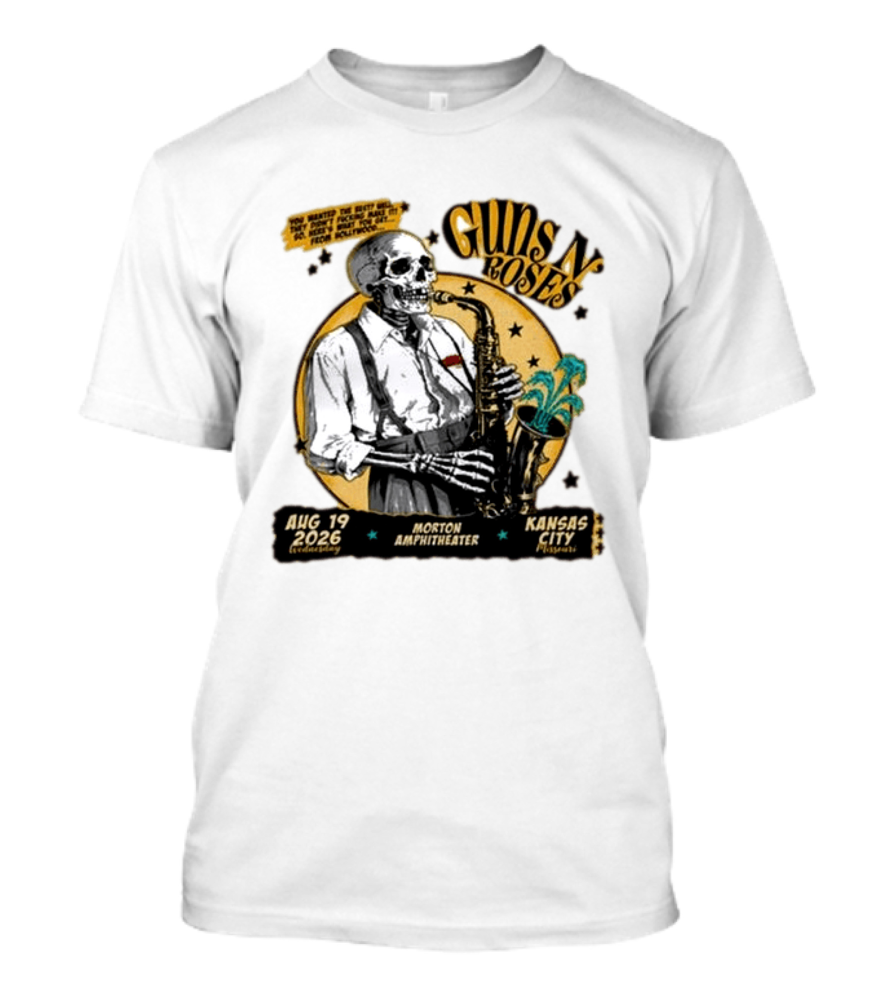 Guns N' Roses Aug 19 2026 Morton Amphitheater Kansas City Skeleton Saxophone T-Shirt