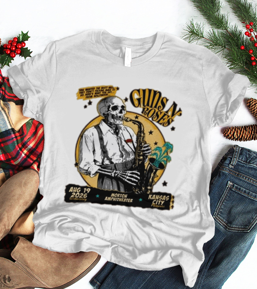 Guns N' Roses Aug 19 2026 Morton Amphitheater Kansas City Skeleton Saxophone T-Shirt