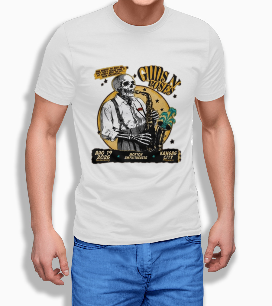 Guns N' Roses Aug 19 2026 Morton Amphitheater Kansas City Skeleton Saxophone T-Shirt