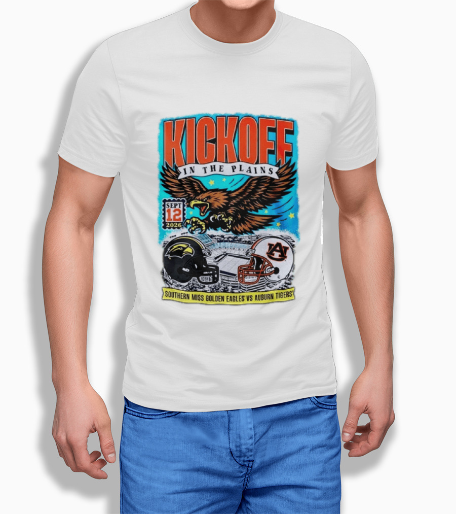 Kickoff In The Plains Southern Miss Golden Eagles Vs Auburn Tigers Sept 12 2026 Football Matchup T-Shirt