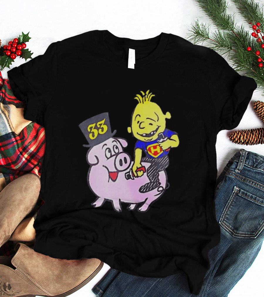 33 Cartoon Boy Yellow Hair Riding Pink Pig Black Top Hat H Hero T-Shirt