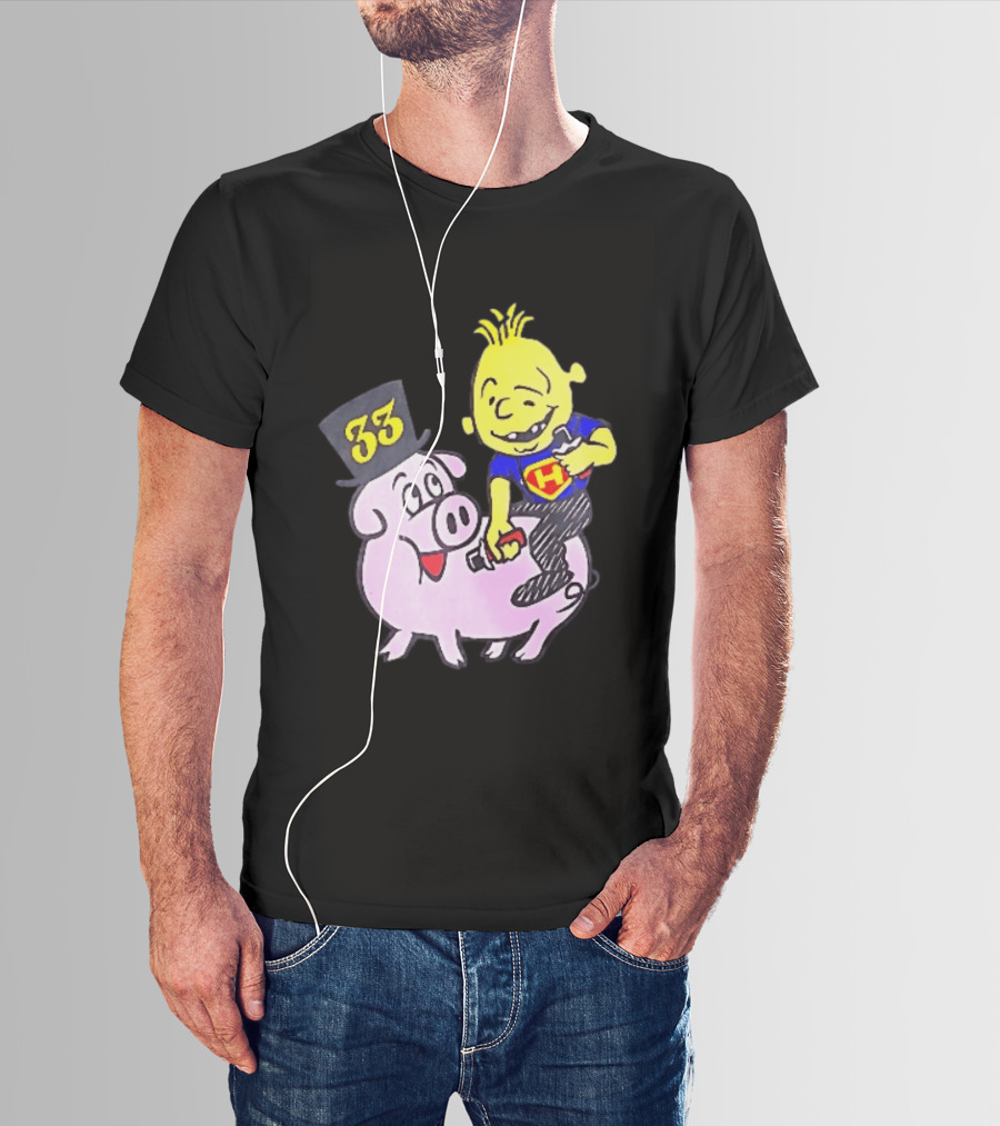 33 Cartoon Boy Yellow Hair Riding Pink Pig Black Top Hat H Hero T-Shirt