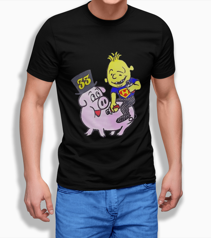 33 Cartoon Boy Yellow Hair Riding Pink Pig Black Top Hat H Hero T-Shirt