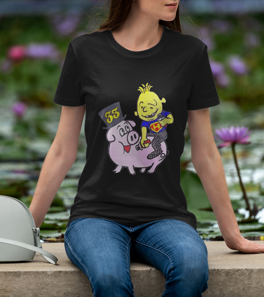 33 Cartoon Boy Yellow Hair Riding Pink Pig Black Top Hat H Hero T-Shirt