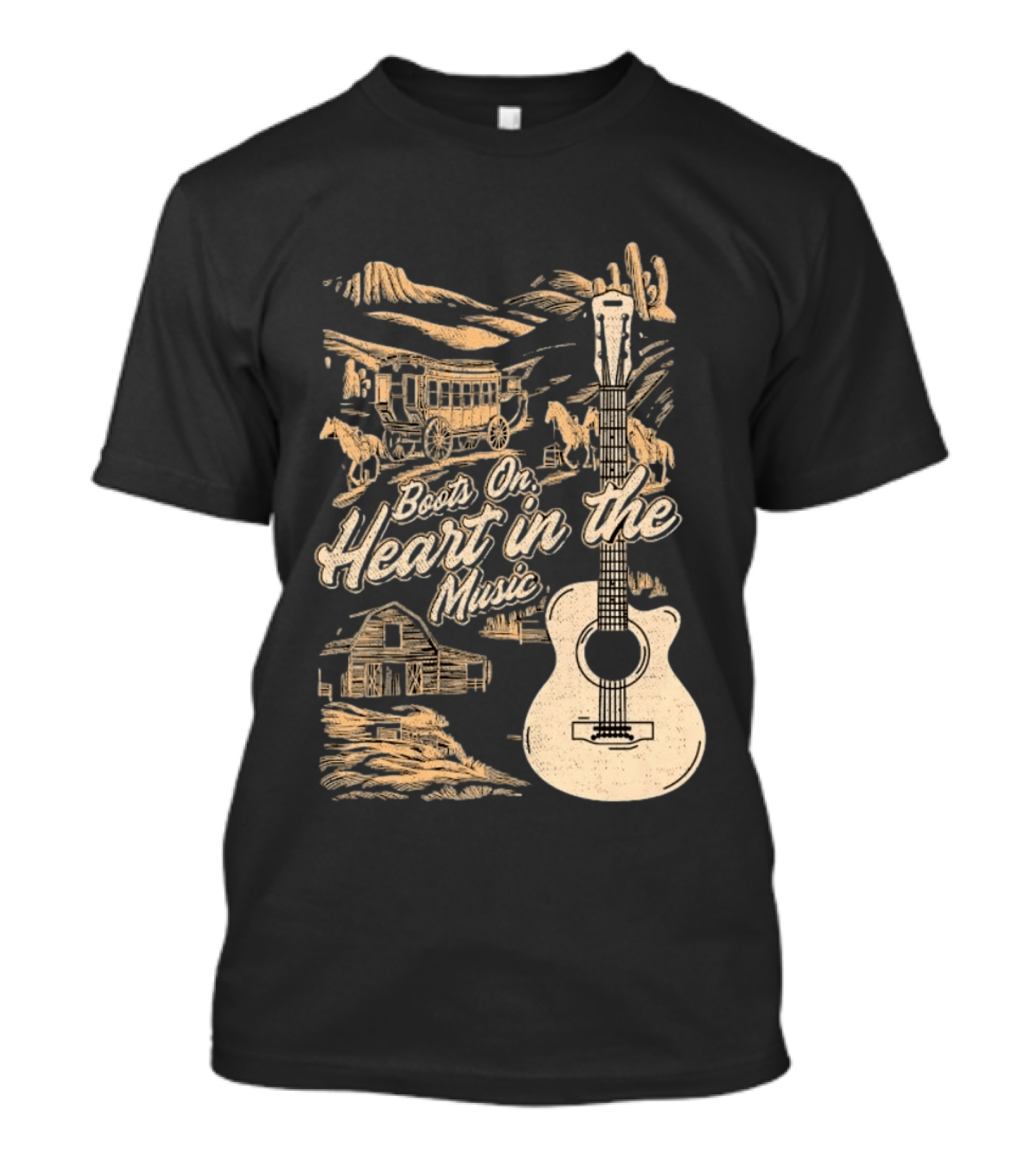Boots On Heart In The Music Acoustic Guitar Cowboy Stagecoach Barn Scene T-Shirt