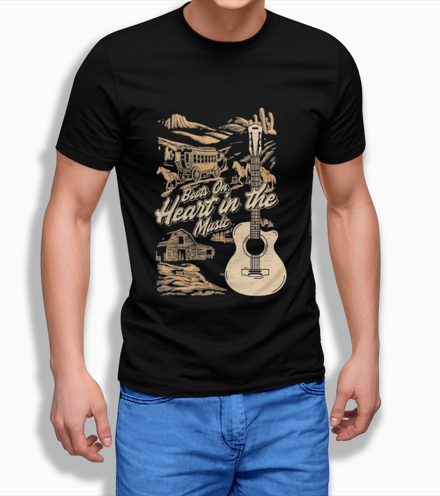 Boots On Heart In The Music Acoustic Guitar Cowboy Stagecoach Barn Scene T-Shirt