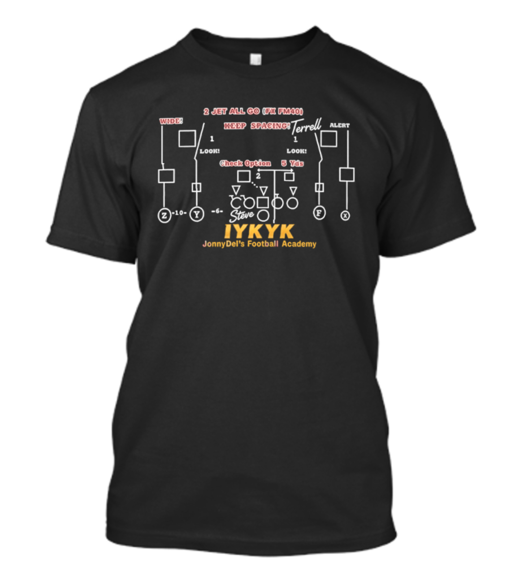 IYKYK JonnyDel's Football Academy 2 Jet All Go Playbook Terrell Steve FM FM101 Keep Spacing T-Shirt