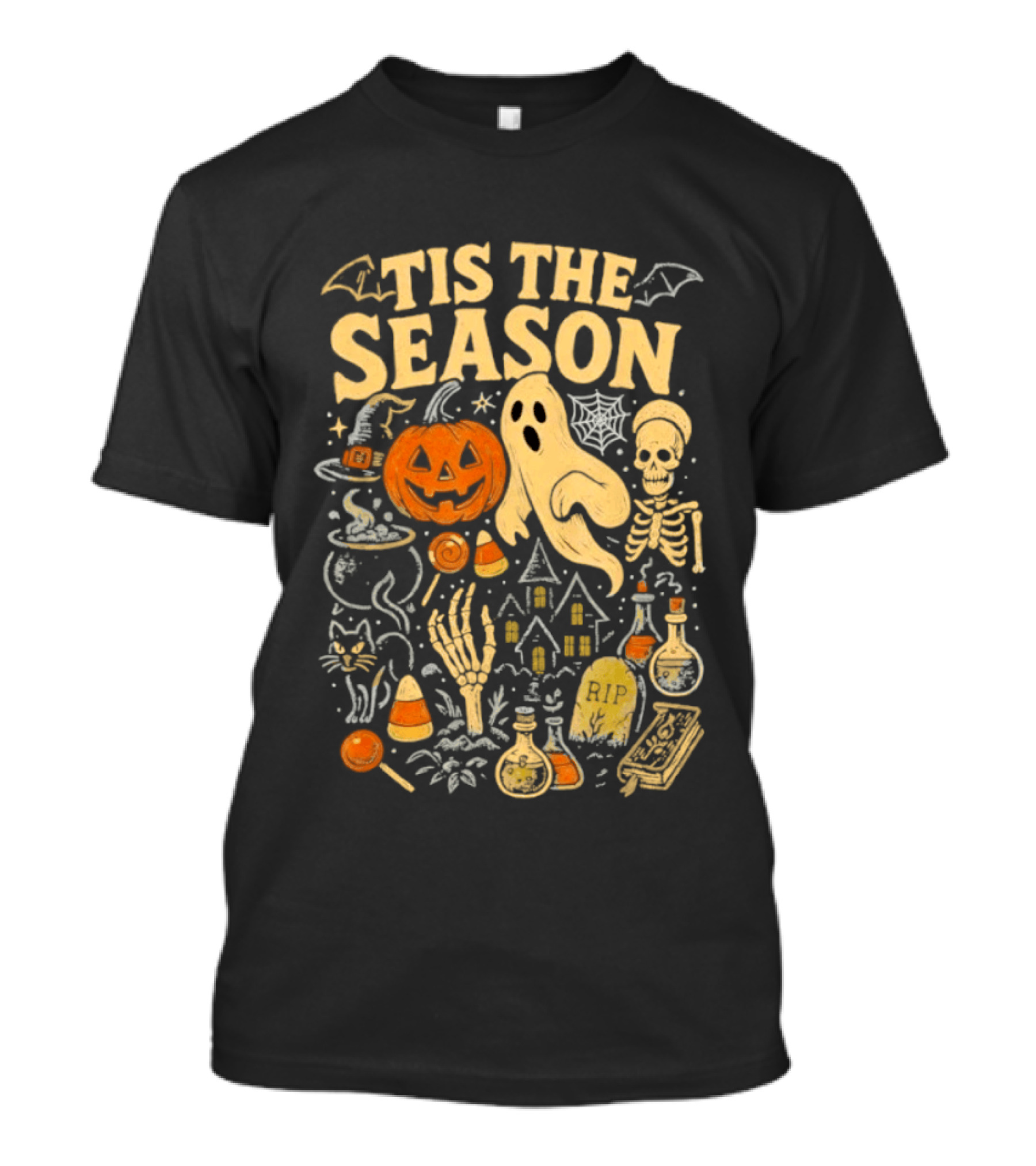 Tis The Season Halloween Pumpkin Ghost Skeleton Bats Candy T-Shirt