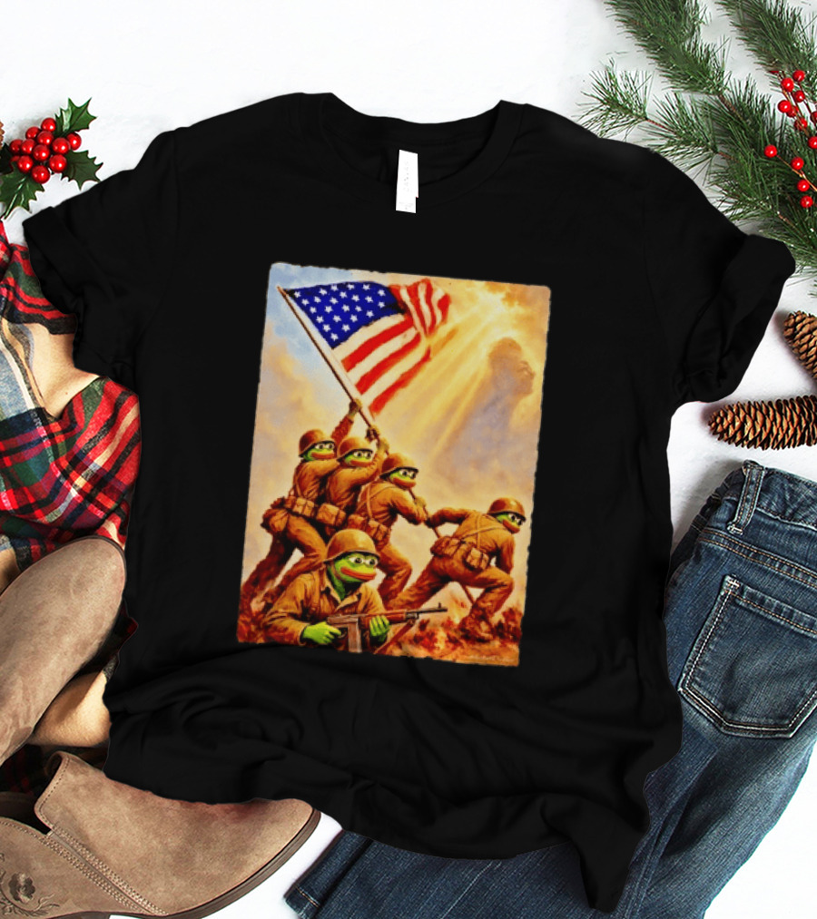 Pepe The Frog American Flag Soldiers Together We Win WWII Iwo Jima Memorial T-Shirt