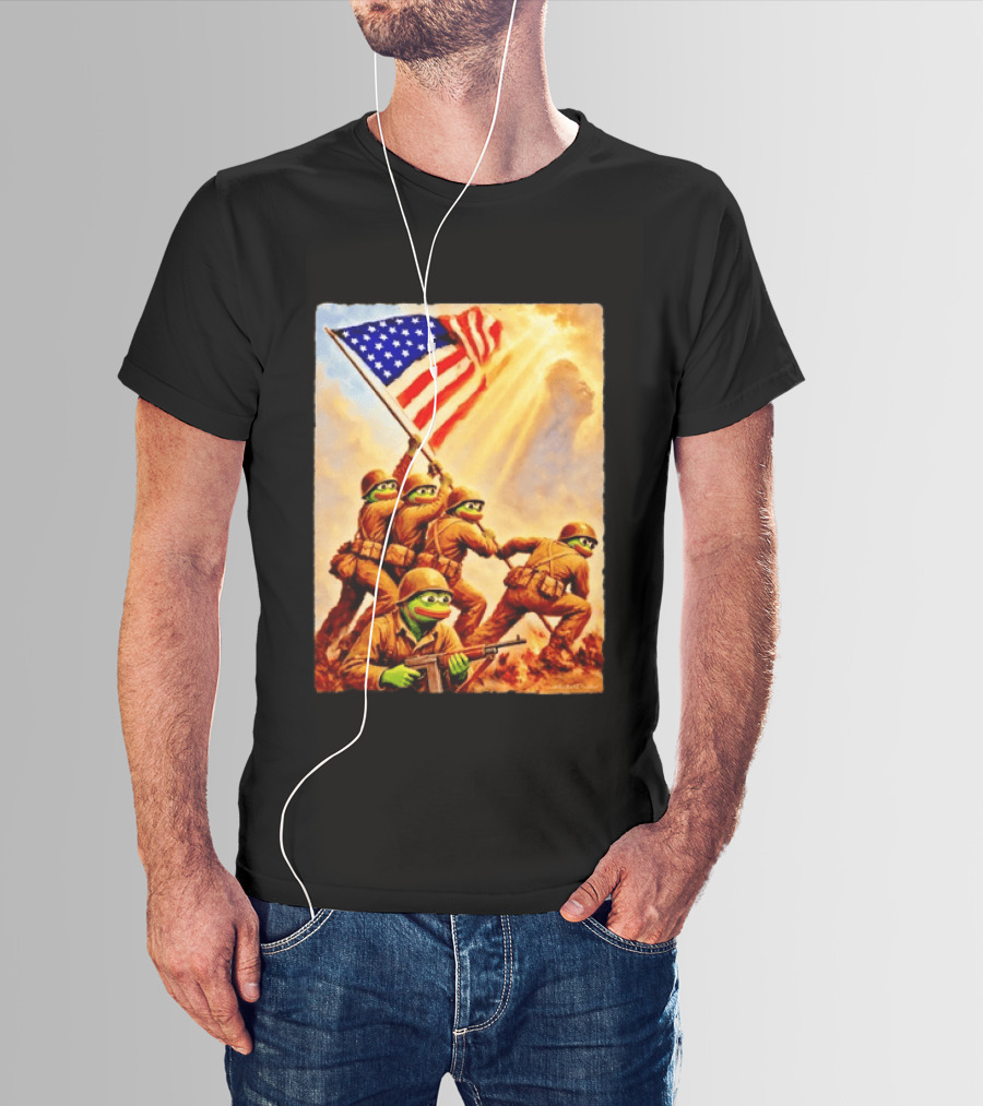 Pepe The Frog American Flag Soldiers Together We Win WWII Iwo Jima Memorial T-Shirt