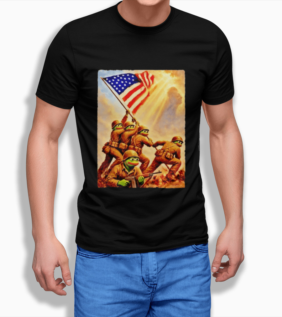 Pepe The Frog American Flag Soldiers Together We Win WWII Iwo Jima Memorial T-Shirt