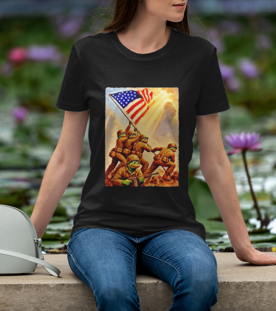 Pepe The Frog American Flag Soldiers Together We Win WWII Iwo Jima Memorial T-Shirt