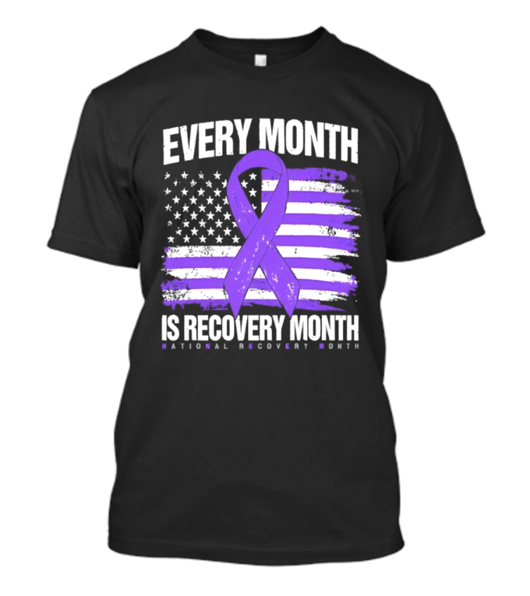 Every Month Is Recovery Month Purple Ribbon American Flag National Recovery Month T-Shirt