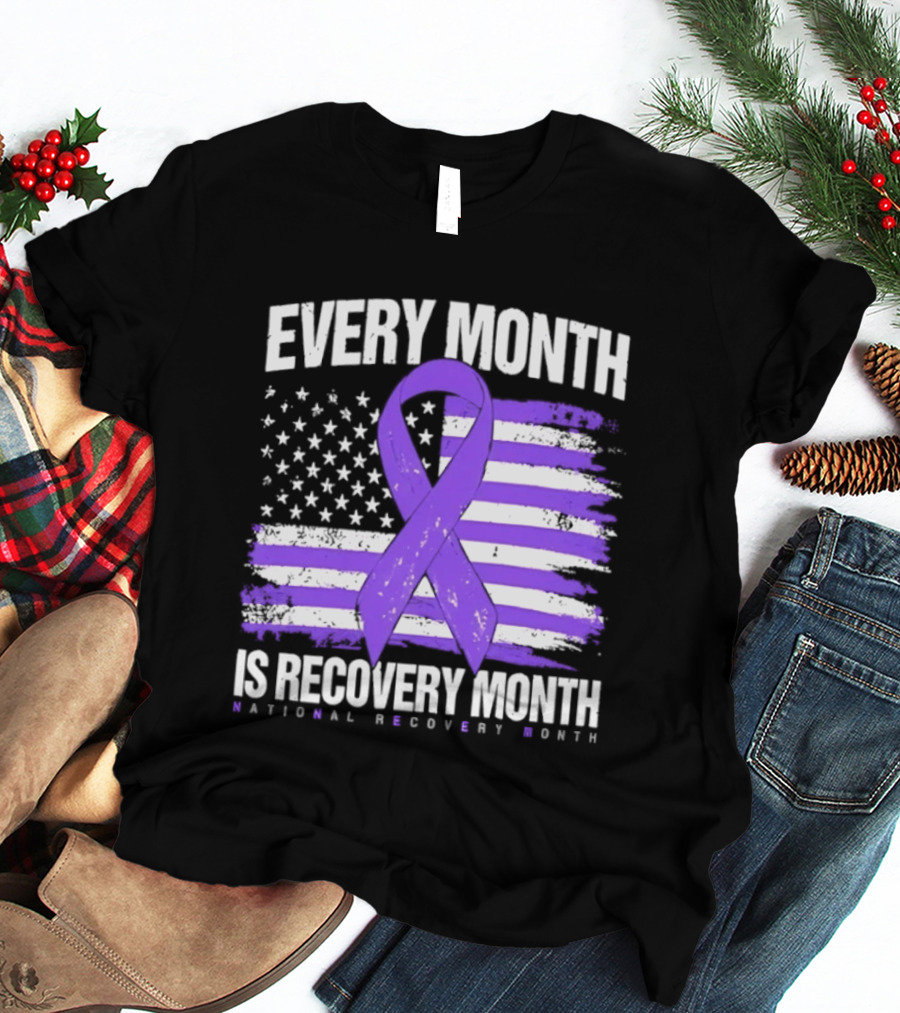 Every Month Is Recovery Month Purple Ribbon American Flag National Recovery Month T-Shirt
