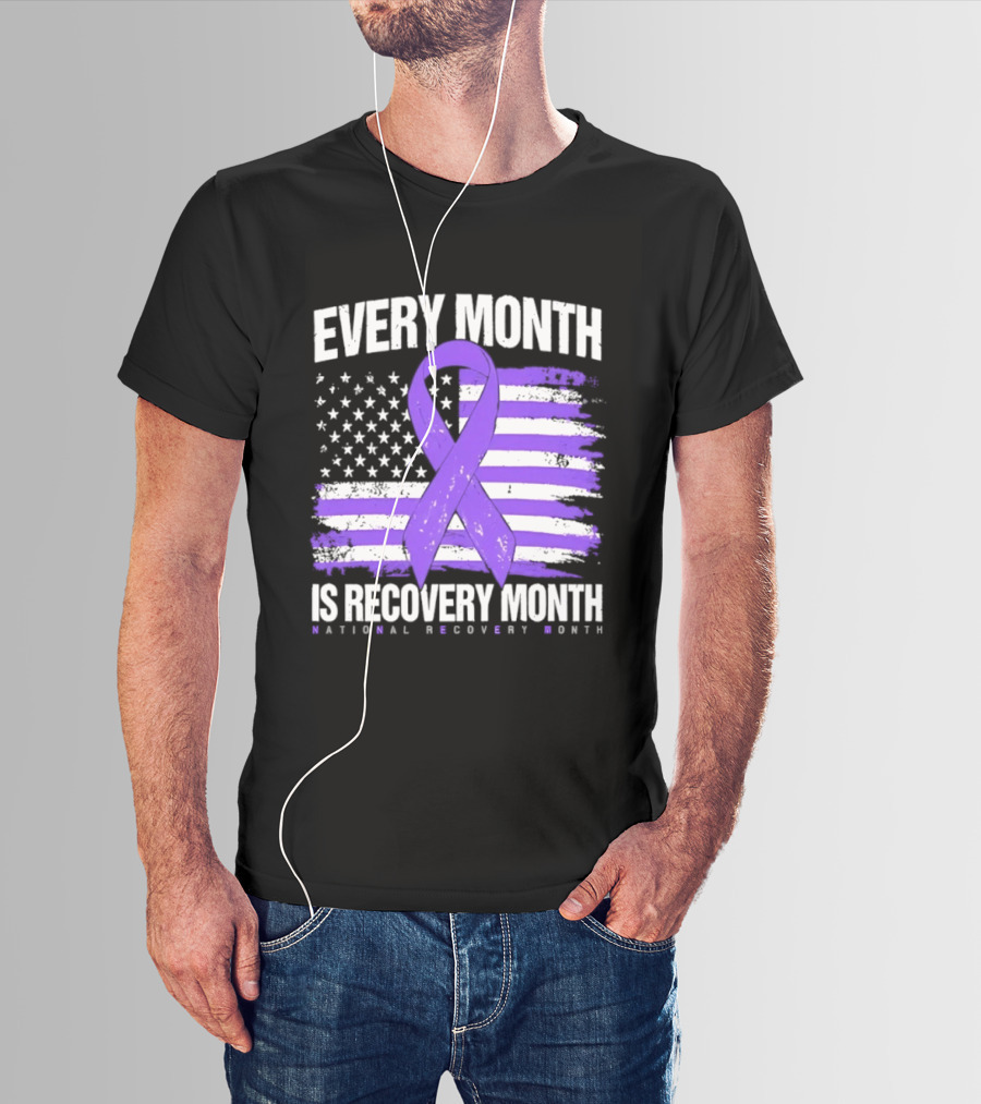 Every Month Is Recovery Month Purple Ribbon American Flag National Recovery Month T-Shirt