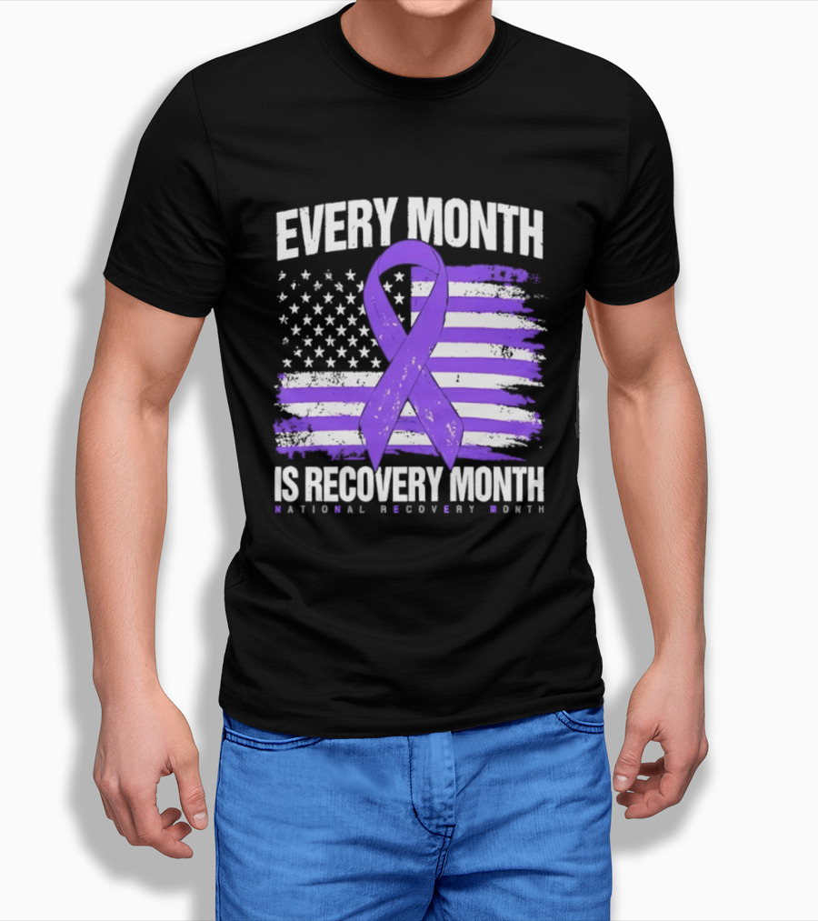 Every Month Is Recovery Month Purple Ribbon American Flag National Recovery Month T-Shirt