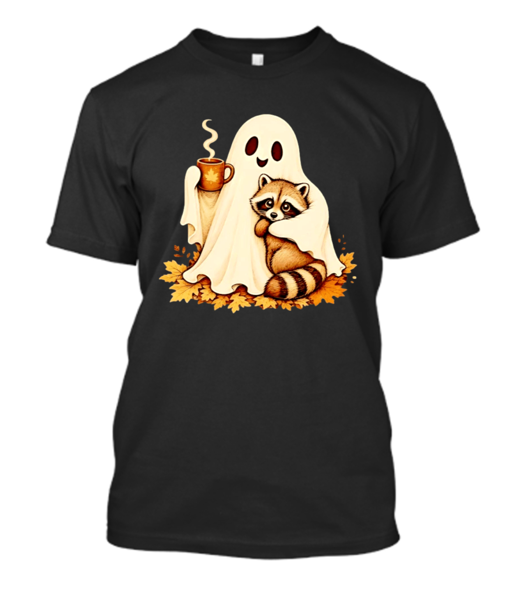 Ghost Hugging Raccoon With Coffee And Autumn Leaves T-Shirt