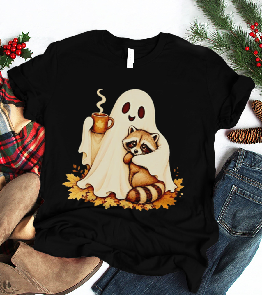 Ghost Hugging Raccoon With Coffee And Autumn Leaves T-Shirt