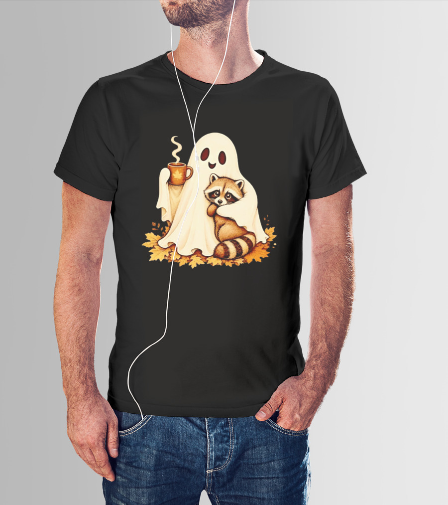 Ghost Hugging Raccoon With Coffee And Autumn Leaves T-Shirt