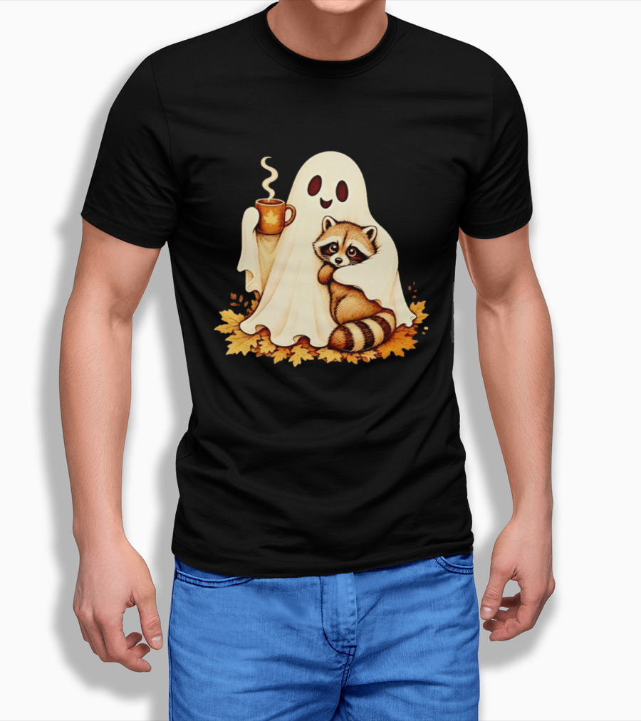 Ghost Hugging Raccoon With Coffee And Autumn Leaves T-Shirt