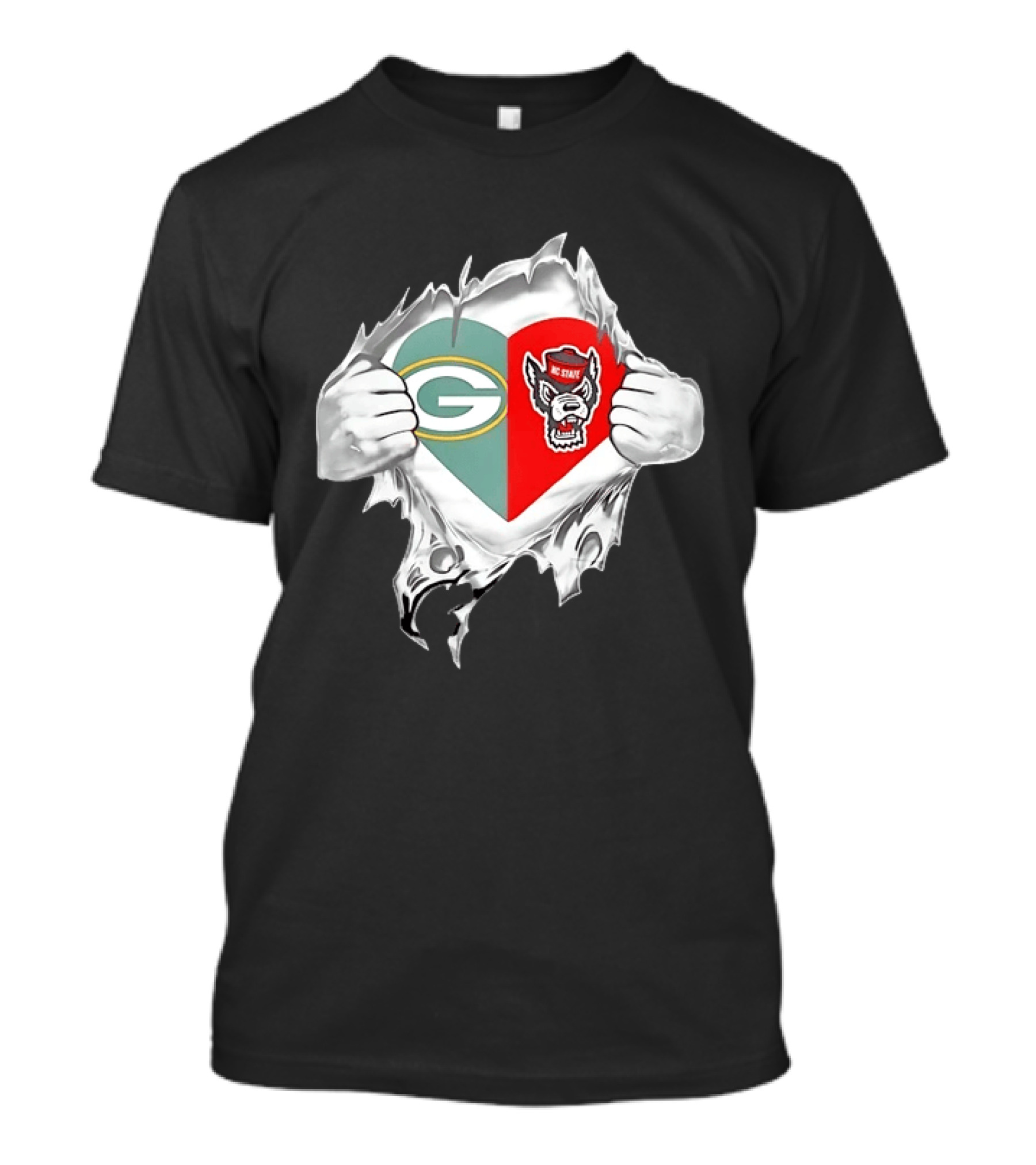 Green Bay Packers NC State Wolfpack Heart Superman Chest Rip T-Shirt