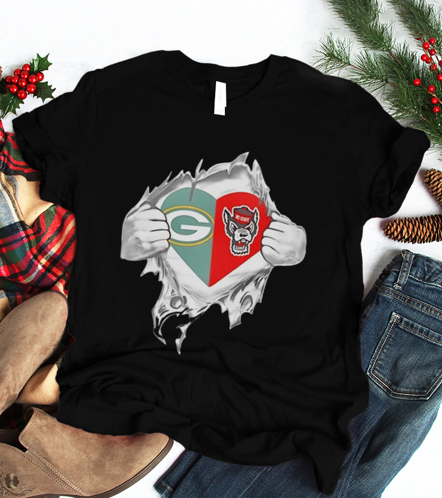 Green Bay Packers NC State Wolfpack Heart Superman Chest Rip T-Shirt