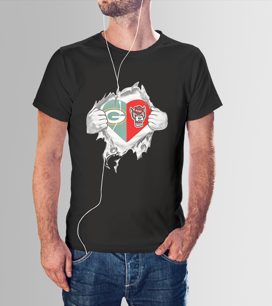 Green Bay Packers NC State Wolfpack Heart Superman Chest Rip T-Shirt