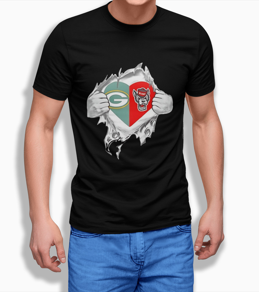 Green Bay Packers NC State Wolfpack Heart Superman Chest Rip T-Shirt