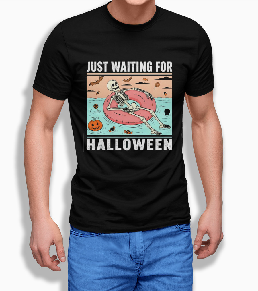 Just Waiting For Halloween Skeleton Pool Float With Candy And Pumpkin T-Shirt