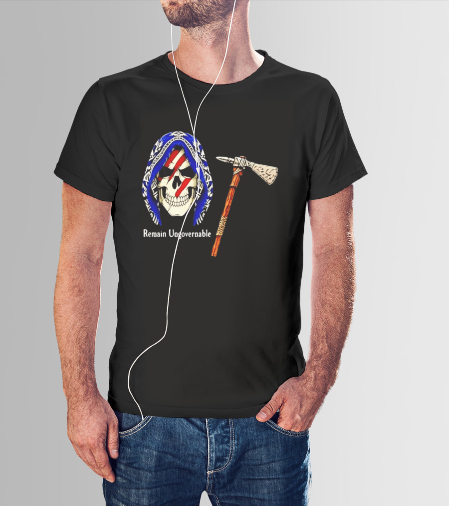 Skull With Tomahawk Remain Ungovernable Hooded Skeleton Red Marks T-Shirt