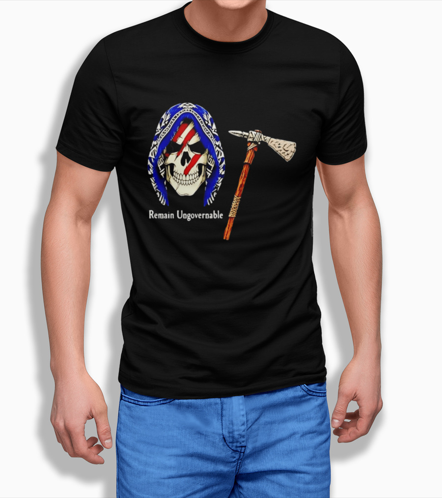 Skull With Tomahawk Remain Ungovernable Hooded Skeleton Red Marks T-Shirt