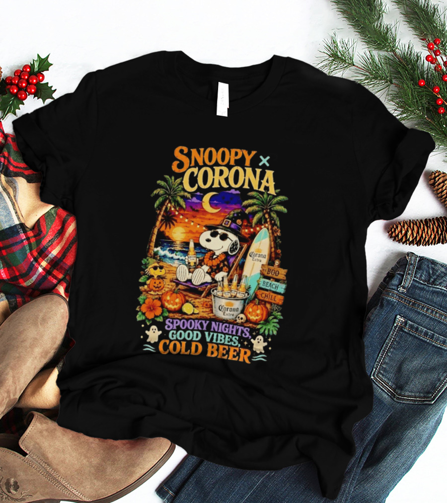 Snoopy X Corona Boo Beach Chill Spooky Nights Good Vibes Cold Beer T-Shirt