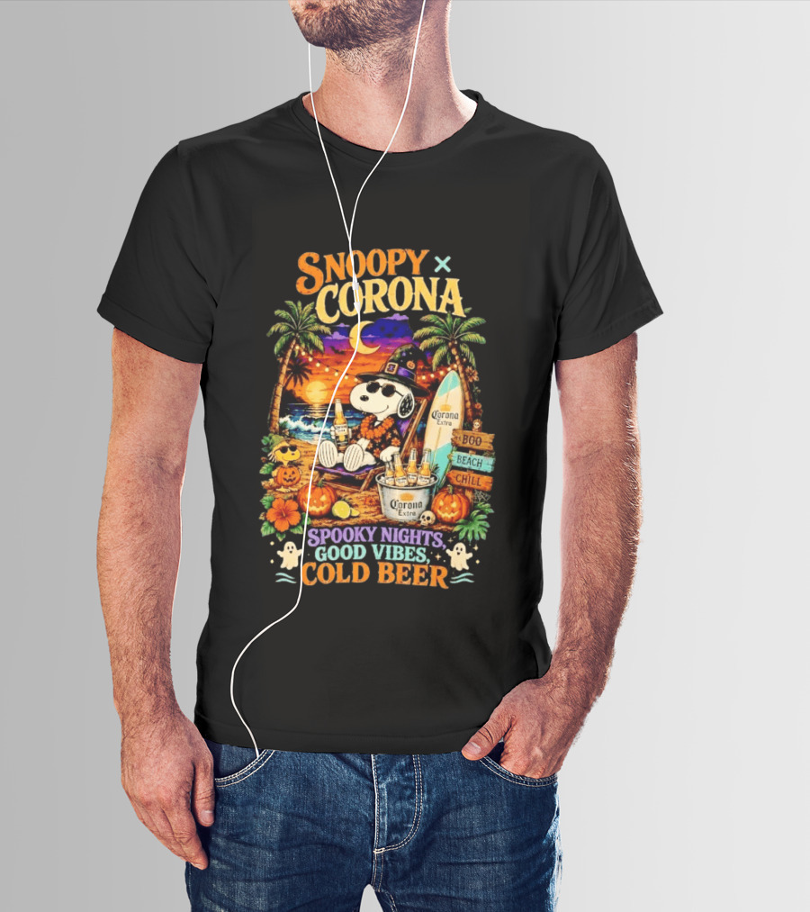 Snoopy X Corona Boo Beach Chill Spooky Nights Good Vibes Cold Beer T-Shirt
