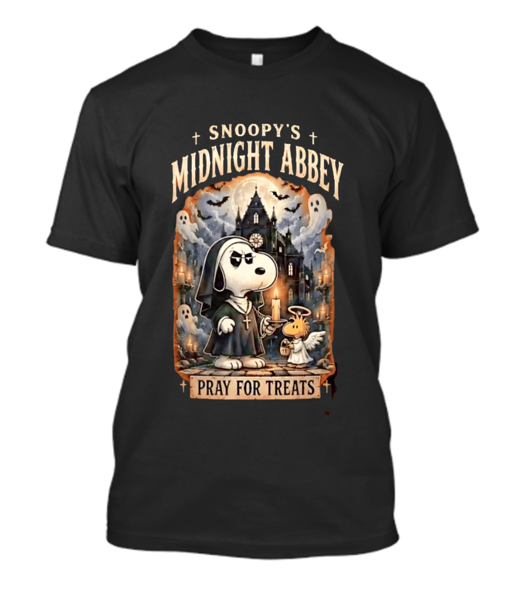 Snoopy's Midnight Abbey Pray For Treats Halloween Cathedral Scene T-Shirt