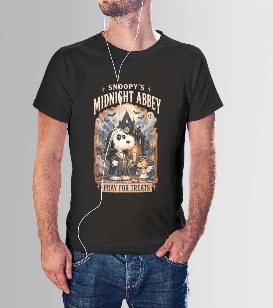 Snoopy's Midnight Abbey Pray For Treats Halloween Cathedral Scene T-Shirt